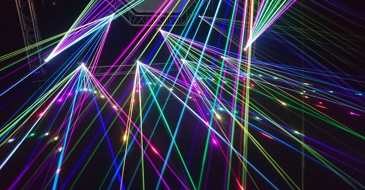 Dynamic multicolor laser beams create an electrifying display in a nighttime laser show.